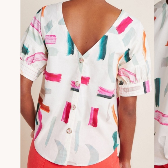 Anthropologie Aimee Clarke XS cotton blouse paint brush design buttons cottage - Picture 4 of 10